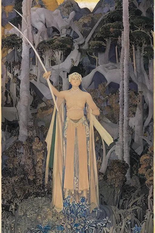 Image similar to lost queen of the forest with her scepter, by Nicholas Roerich and jean delville and Maxfield Parrish, dramatic cinematic lighting , ornate headdress , lost civilizations, extremely detailed