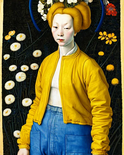 Image similar to portrait of a woman with blue hair buns, wearing a yellow jacket and baggy jeans, standing in a garden full of plants and flowers, intricate details, high detail, in the style of rogier van der weyden and jacopo da pontormo, punk, asian art,