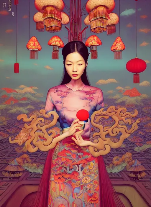 Image similar to pretty chinese model with hallucination mushroom : : by martine johanna and simon stalenhag and chie yoshii and casey weldon and wlop : : ornate, dynamic, particulate, rich colors, intricate, elegant, highly detailed, centered, vogue, harper's bazaar art, fashion magazine, smooth, sharp focus, octane render, 8 k