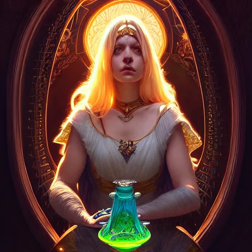 Prompt: Portrait of female sorceress with a goblet with a glowing potion in it, epic dark fantasy, medium shot, intricate, elegant, highly detailed, digital painting, artstation, concept art, smooth, sharp focus, illustration, art by artgerm and greg rutkowski and alphonse mucha