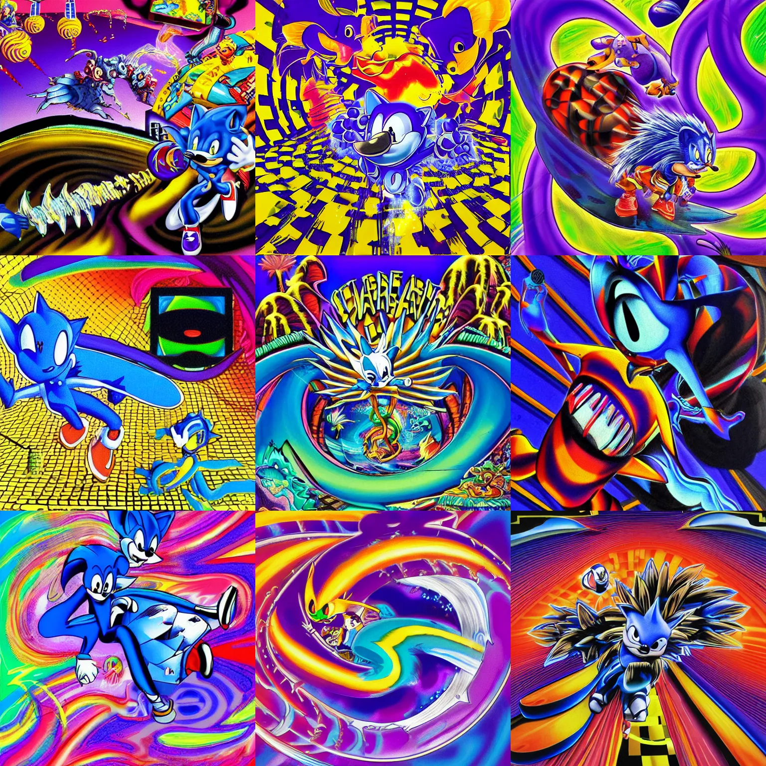 Prompt: surreal, recursive, sharp, detailed professional, high quality airbrush art MGMT album cover portrait of a liquid dissolving LSD DMT blue sonic the hedgehog surfing through a special stage, purple checkerboard background, 1990s 1992 Sega Genesis video game album cover