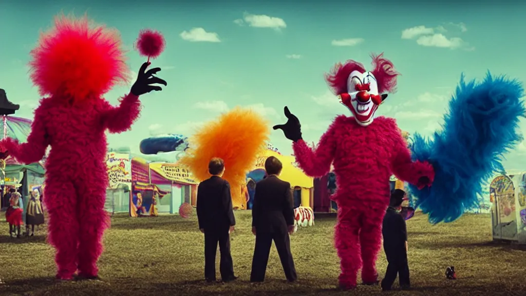 Prompt: the clown monster at the fair, they tie a balloon animal, film still from the movie directed by denis villeneuve and david cronenberg with art direction by salvador dali and dr. seuss