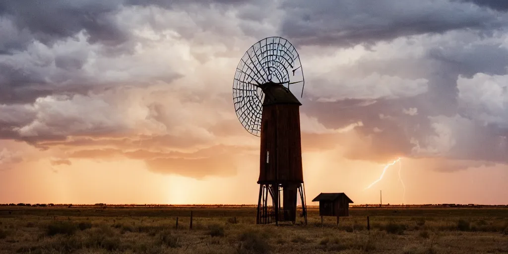 Prompt: photo of a stormy west texas sunset, perfect rustic ( ( windpump ) ), film photography, lightning, golden hour, high quality, beautiful!!!