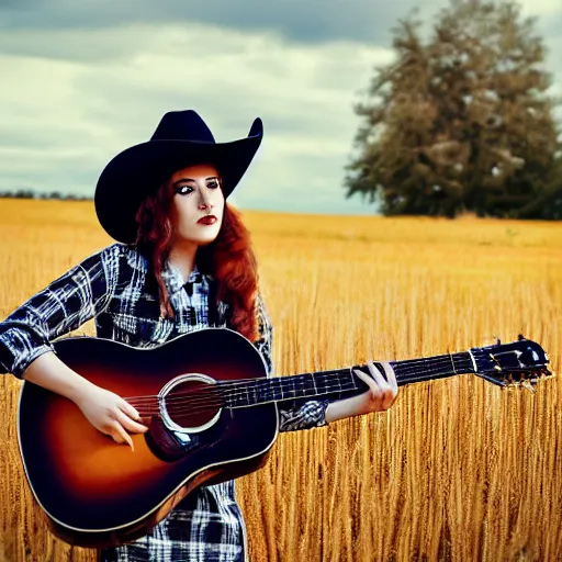 Image similar to a female fluffy anthropomorphic fox animal, head of fox, wearing cowboy hat, wearing plaid shirt, playing guitar, in a field, barn in background, album cover style