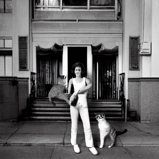 Image similar to detailed professional photographic portrait of young Sigourney Weaver wearing a white singlet and her cat moving apartment New York City 1983, building entrance way Art Deco,, cinematic feel, high octane