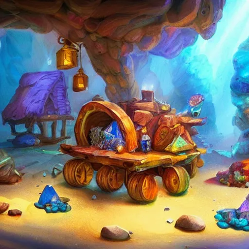 Image similar to a beautiful photo of the seven dwarfs mine, colorful crystals scattered around, and a mine cart full of crystals, natural light, concept art, cozy, atmospheric and cinematic lighting