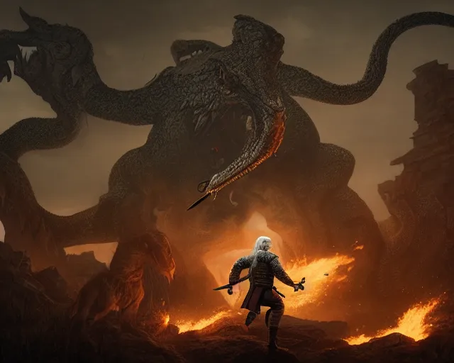 Image similar to 5 5 mm portrait photo of geralt fighting a 5 headed hydra. magical atmosphere. art by greg rutkowski. highly detailed 8 k. intricate. lifelike. soft light. nikon d 8 5 0.