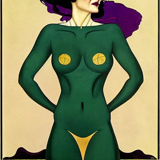 Prompt: Eva Green is Metamorpho, the Element Woman, Art by Coles Phillips, Chalk white skin, deep purple hair, Green eyes, Portrait of the actress, Eva Green as Metamorpho, geometric art, art deco, Alphonse Mucha, Vasily Kandinsky, carbon black and antique gold