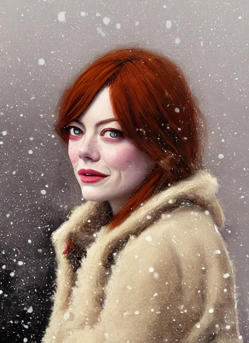 Prompt: emma stone in beige coat, close up portrait, winter new york, snow, artwork by gaston bussiere, craig mullins, trending on artstation