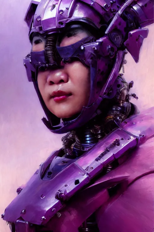 Image similar to extreme close up, facial portrait, half - chinese woman with a long black ponytail in purple sci - fi armor, wearing a kitsune mask, mechanical armor, cybernetic hands, striking pose, portrait dnd, painting by gaston bussiere, craig mullins, greg rutkowski, yoji shinkawa