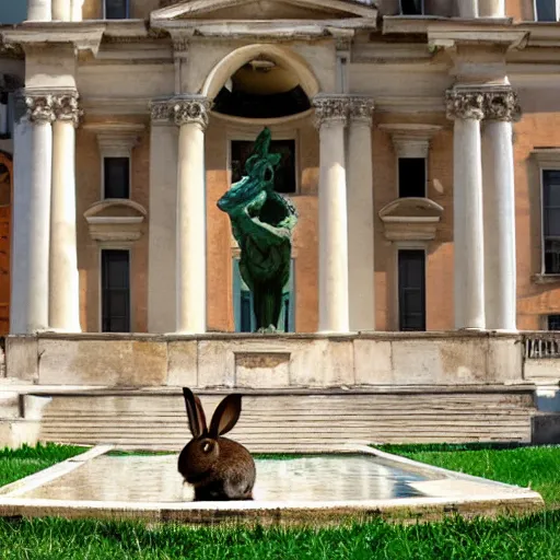 Prompt: a rabbit standing by the fountain of The Hermitage