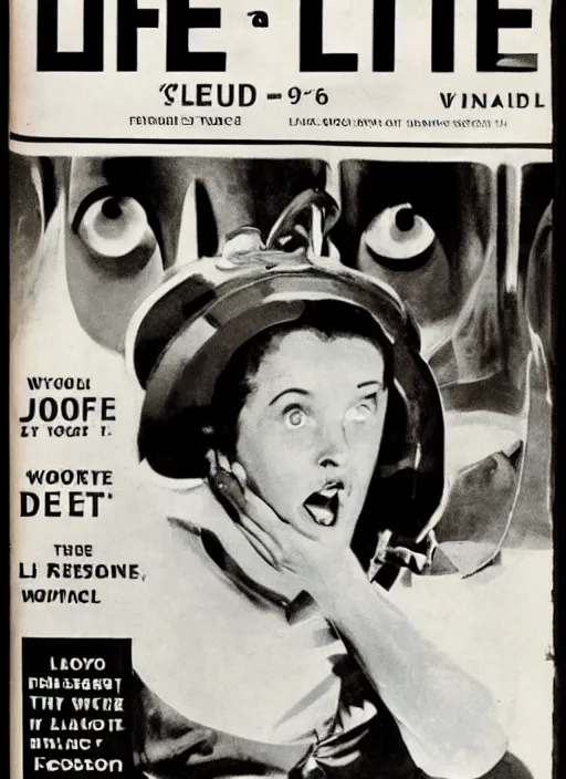 Prompt: LIFE magazine cover, photograph of a woman scared of a robot