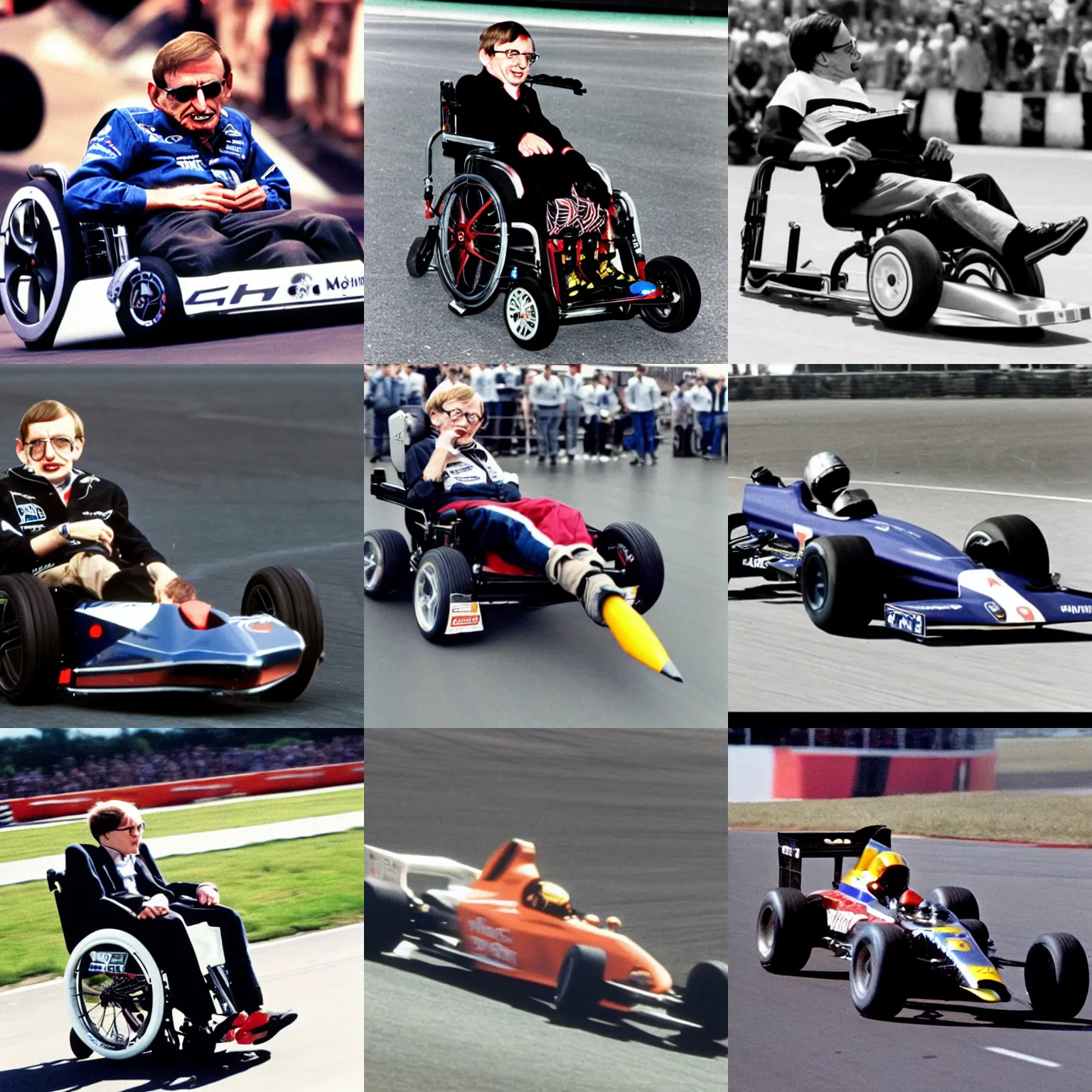 Prompt: Stephen Hawking racing in Formula 1 in a rocket powered wheelchair