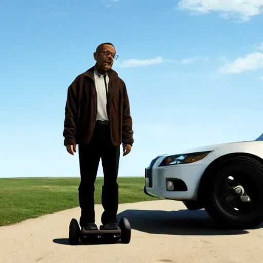 Prompt: Walter White talking to Gustavo Fring while standing on a hoverboard, HDR, 8k,