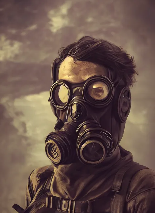 Prompt: A comic book style portrait painting of a male character wearing gasmask in a post apocalyptic setting, unreal 5, DAZ, hyperrealistic, octane render, RPG portrait, dynamic lighting