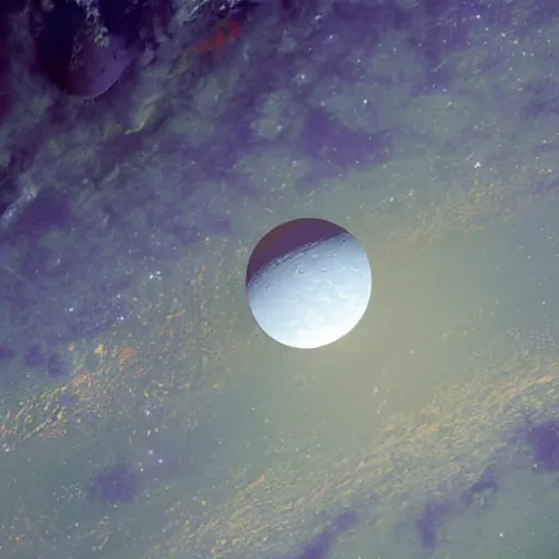 Image similar to close - up of a purple planet from the space with a moon, seas mountains and clouds on its surface,