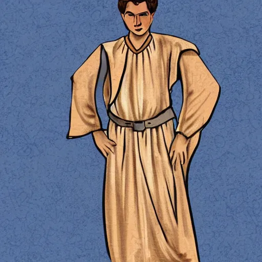 Image similar to digital painting of a handsome Mediterranean 17 year old man in ancient Biblical clothes, 1950s illustration style
