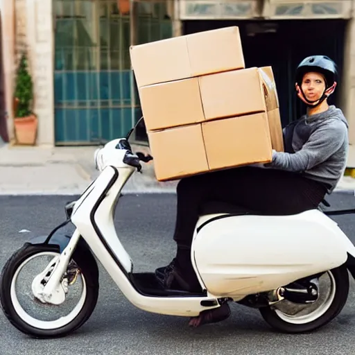 Image similar to delivery driver on moped delivering packages, extremely high quality, artistic rendering, cartoon, sharp, no blur, edited, white background