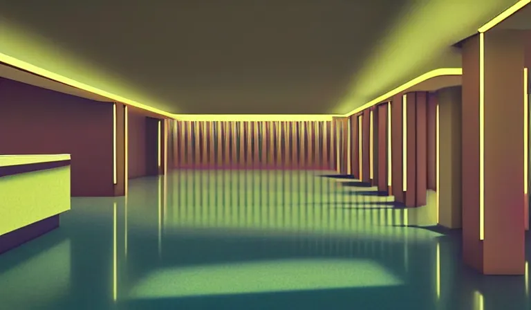 Prompt: a beautiful, sharp focus, clean lines. the interior of a vast 1 9 7 0 s luxury disco hotel lobby. vaporwave ombre rendering. outrun style. trending on artstation. recommended for you behance. wes anderson colors. by chris moore. by edward hopper. ambient occlusion. digital matte painting. metropolis filmic. gotham city.