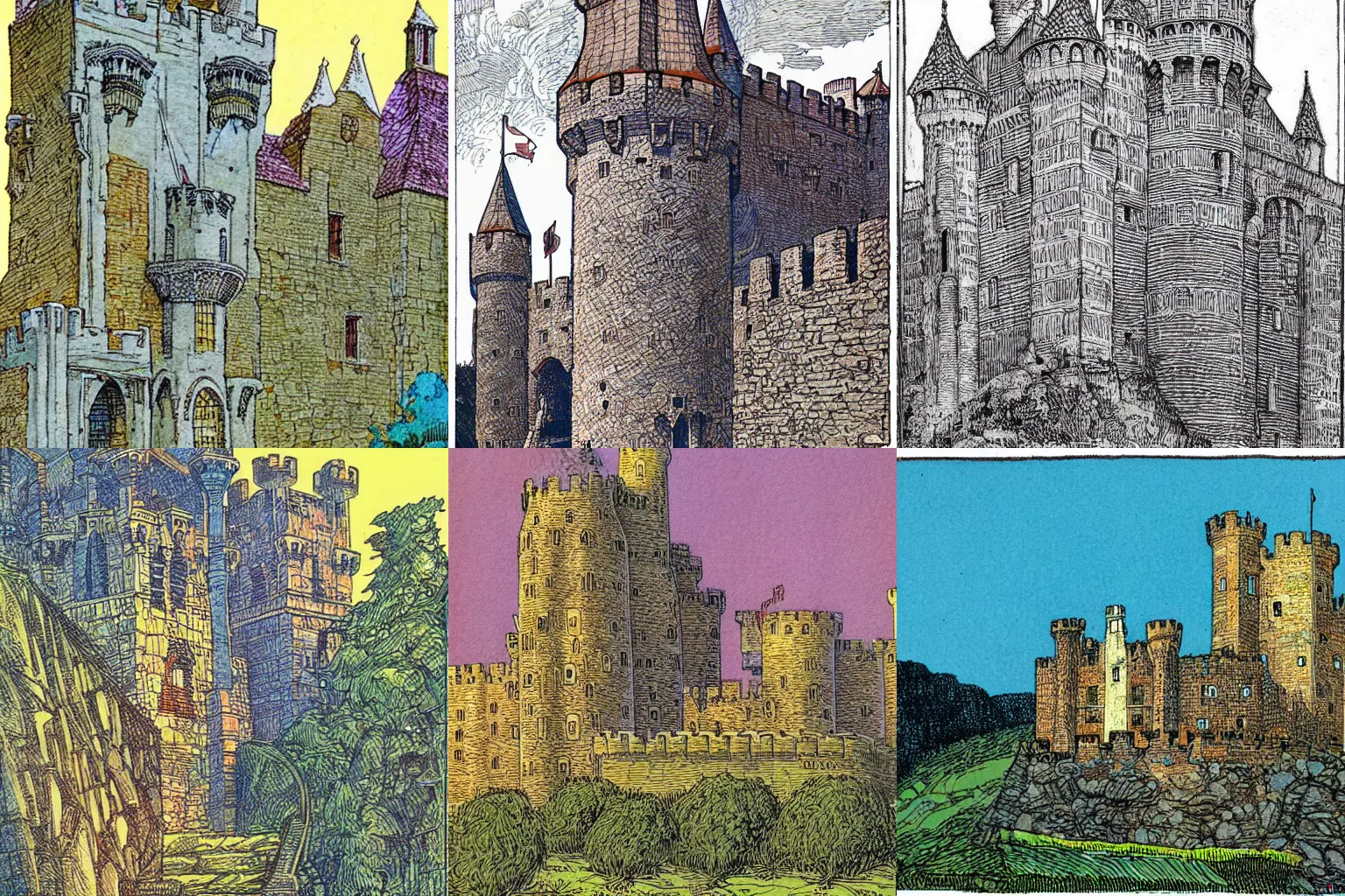 Prompt: medieval castle, colored, by Barry Windsor-Smith