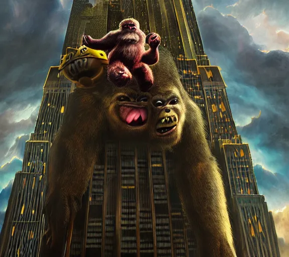 Image similar to epic fantasy comic book style portrait painting of a giant angry pikachu as king kong climbing the empire state building, by mark ryden and pixar and hayao miyazaki, unreal 5, daz, hyperrealistic, octane render, cosplay, rpg portrait, dynamic lighting, intricate detail, cinematic