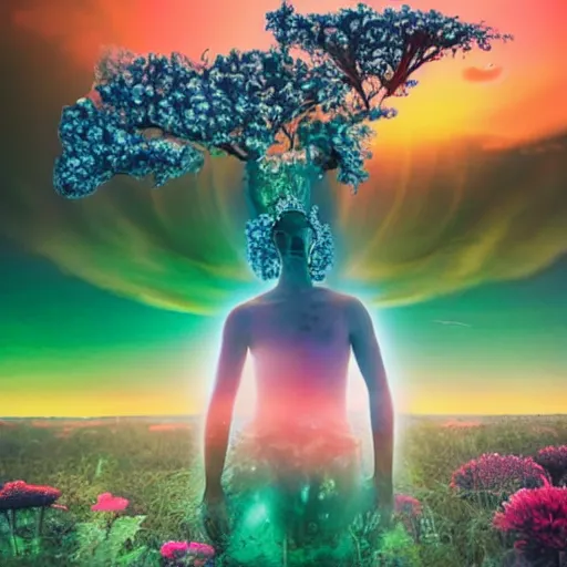 Image similar to A picture of a planet of various flowers, fungus and plants, in which the human figure is dressed in something magical and impressive, inside the picture is infinity, sunset light, Atmospheric phenomenon, artistic photography, muted colors, conceptual