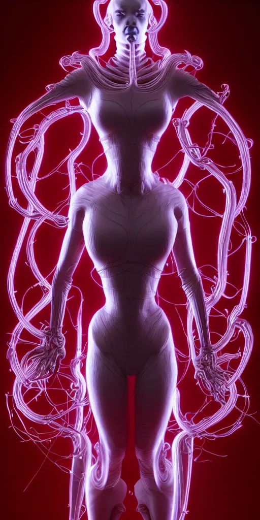 Image similar to stunning symmetric full body character image, woman, predator, Protoss, human, Tsutomu Nihei, 3d octane render, unreal engine, hyper realistic, realistic, white bone armor, soft illumination, human facial features, surrounded in red glowing tendrils of whispy smoke, trending artstation, 4K, insane