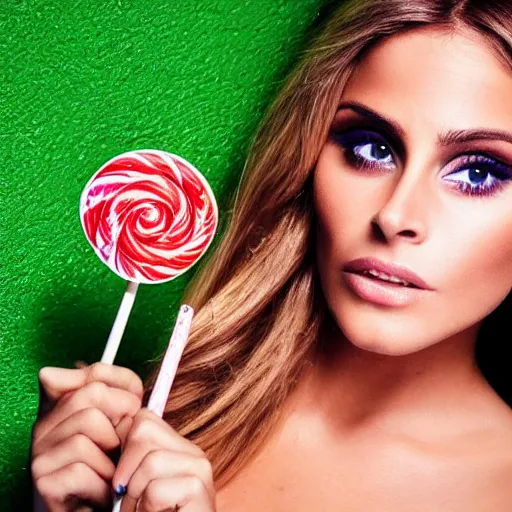 Prompt: centered detailed portrait of beautiful intimate Clara Morgane, lovely green eyes, with lollipop