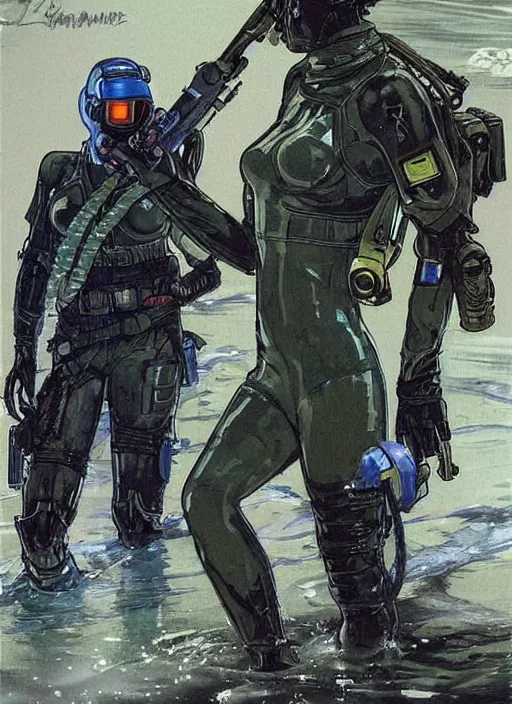 Prompt: Maryanne. USN blackops operator emerging from water at the shoreline. Operator wearing Futuristic cyberpunk tactical wetsuit and looking at an abandoned shipyard. Frogtrooper. rb6s, MGS, and splinter cell Concept art by James Gurney, Alphonso Mucha. Vivid color scheme.