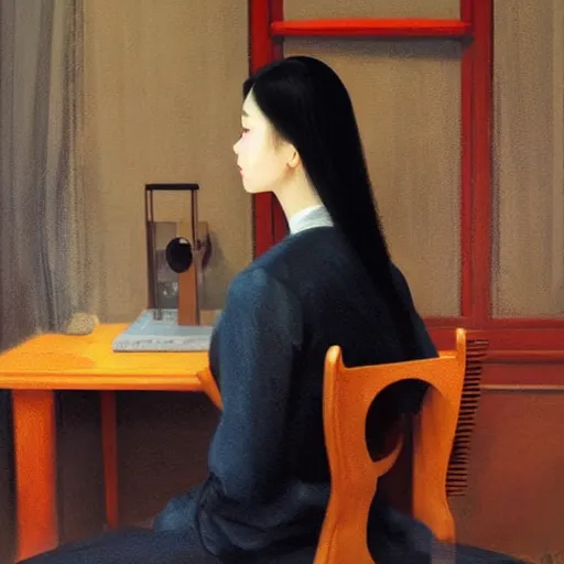 Image similar to oil painting by ilya kuvshinov, sakimichan, coby whitmore, of a youthful japanese beauty, long hair, sitting on antique chair leaning against a desk, victorian room