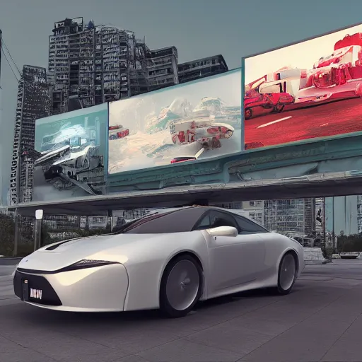 Image similar to sci-fi cars wall near structure on the coronation of napoleon painting and digital billboard in the middle, unreal engine 5, keyshot, octane, artstation trending, ultra high detail, ultra realistic, cinematic, 8k, 16k, in style of zaha hadid, in plastic, dark, tilt shift,