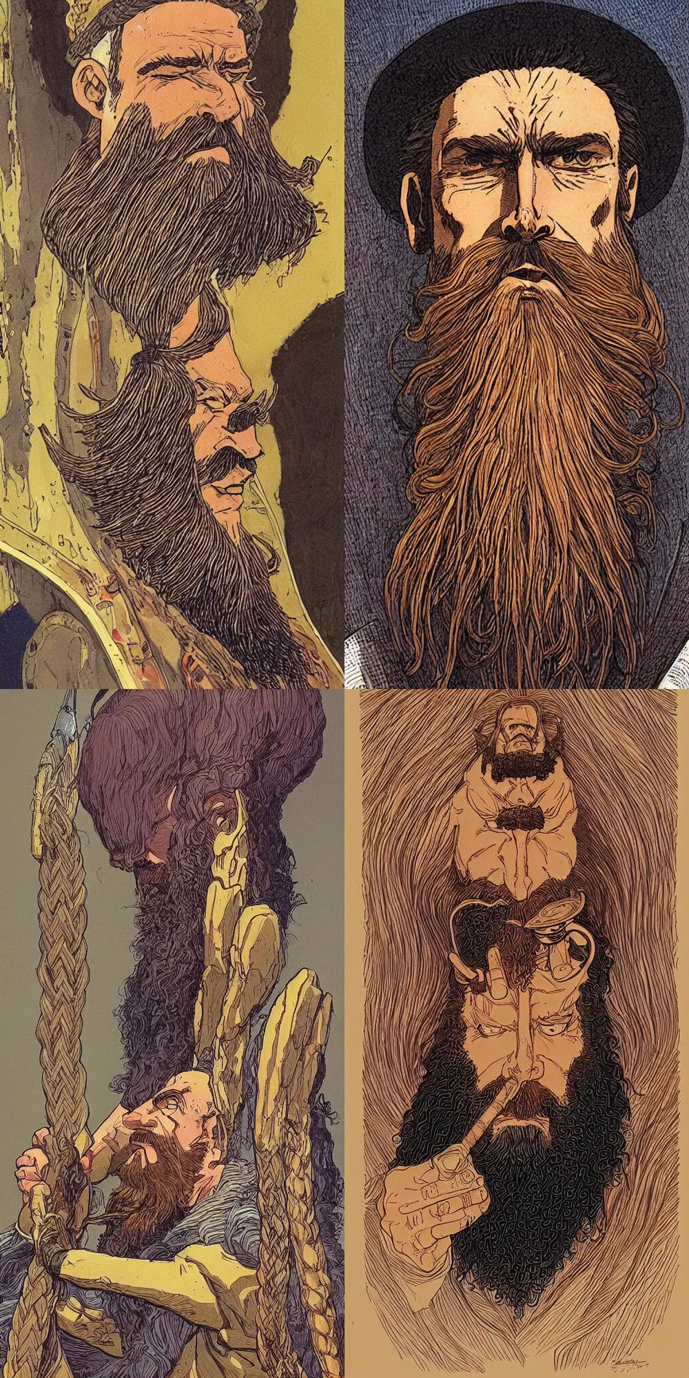 Prompt: Jean Giraud style long black forked braid beard thick eyebrows drinking a pint of beer