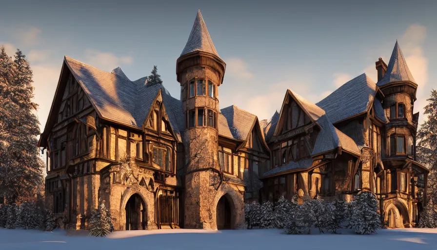 Prompt: wide angle of a Neo-Gothic manor built in the snow-caped mountains at sunset, volumetric light, hyperdetailed, artstation, cgsociety, 8k