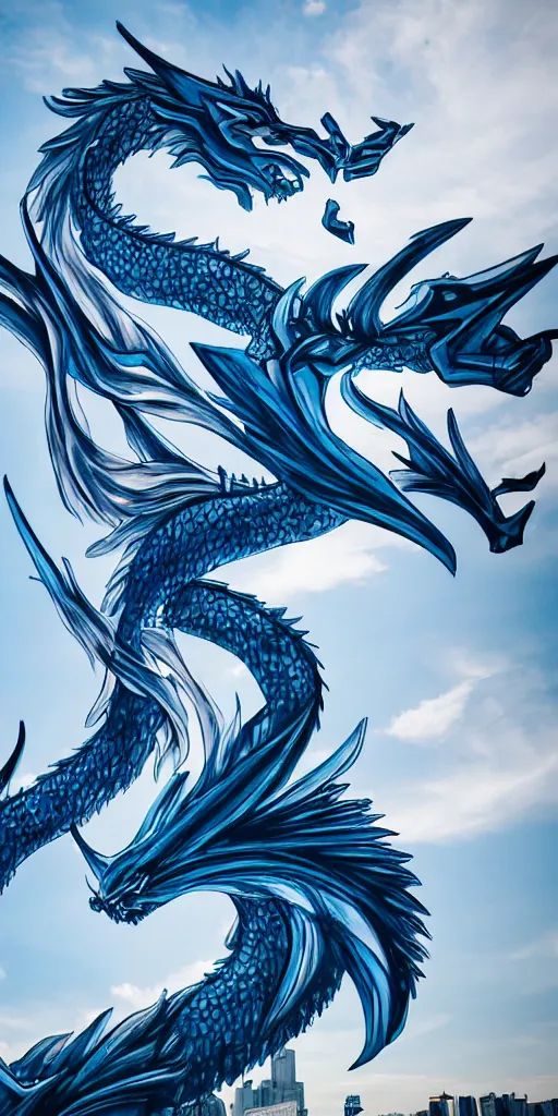 Image similar to white photorealistic futuristic post - modern blue eyes white dragon in seoul with bright blue sky