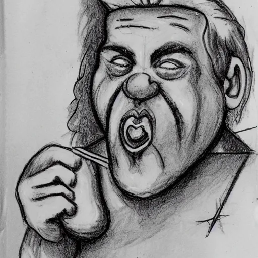 Image similar to a half-dwarf man eating cheese pizza, focus face, hard sketch