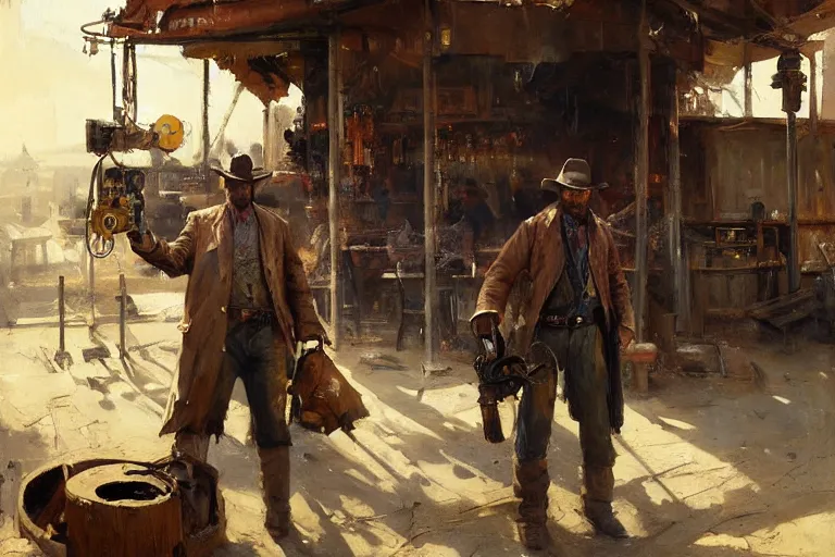 Image similar to oil painting of old rugged robot bounty hunter in a bar fight in dusty wild west town, art by anders zorn, wonderful masterpiece by greg rutkowski, beautiful cinematic light, american romanticism by greg manchess, jessica rossier