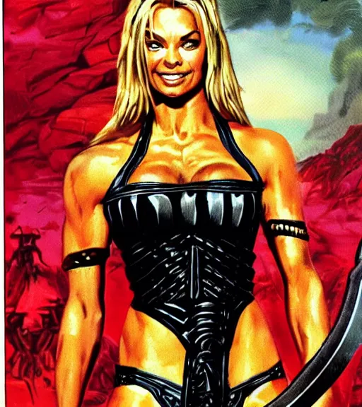 Image similar to 1 9 8 0 s fantasy novel book cover, amazonian jaime pressly in extremely tight bikini armor wielding a cartoonishly large sword, exaggerated body features, dark and smoky background, low quality print