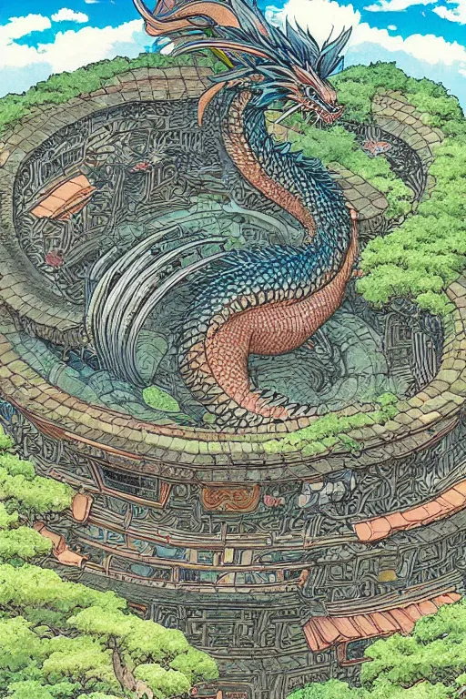 Image similar to beautiful hyperdetailed anime illustration of a dragon spiral over a rural japanese home, by moebius, masamune shirow and katsuhiro otomo