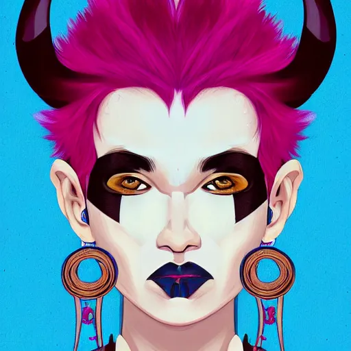 Image similar to illustrated portrait of ram-horned devil woman with blue bob hairstyle and hex #FFA500 colored skin and with solid black eyes wearing leather by rossdraws