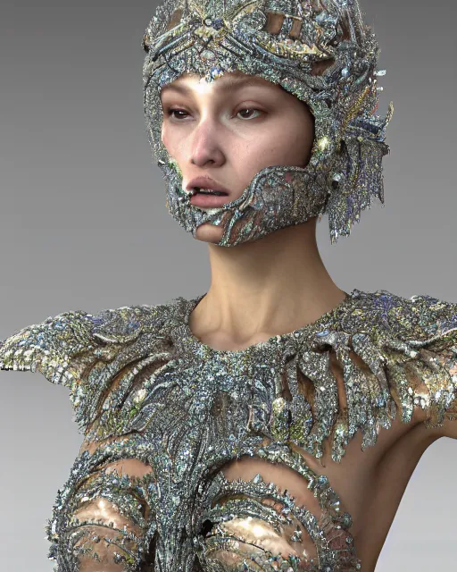 Image similar to a highly detailed metahuman 8 k close up render of bella hadid as surrealism renaissance in iris van herpen dress schiaparelli in diamonds crystals swarovski and jewelry iridescent in style of alphonse mucha gustav klimt trending on artstation made in unreal engine 4