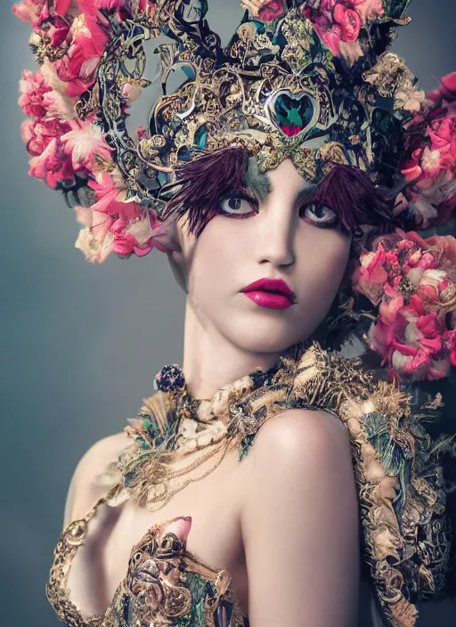 Image similar to full body environmental portrait photo of heart evanglista, ornate headpiece made from flowers, ornaments, glamour shot by gemmy woud - binnendijk, chris knight, photorealistic, canon r 3, fashion photography, ornate, symmetrical features, octane render, unreal engine, solid dark background, clamp shell lighting, rim lighting