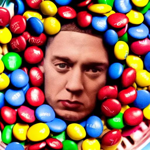 Image similar to eminem's face in a bowl of m & ms, high detail