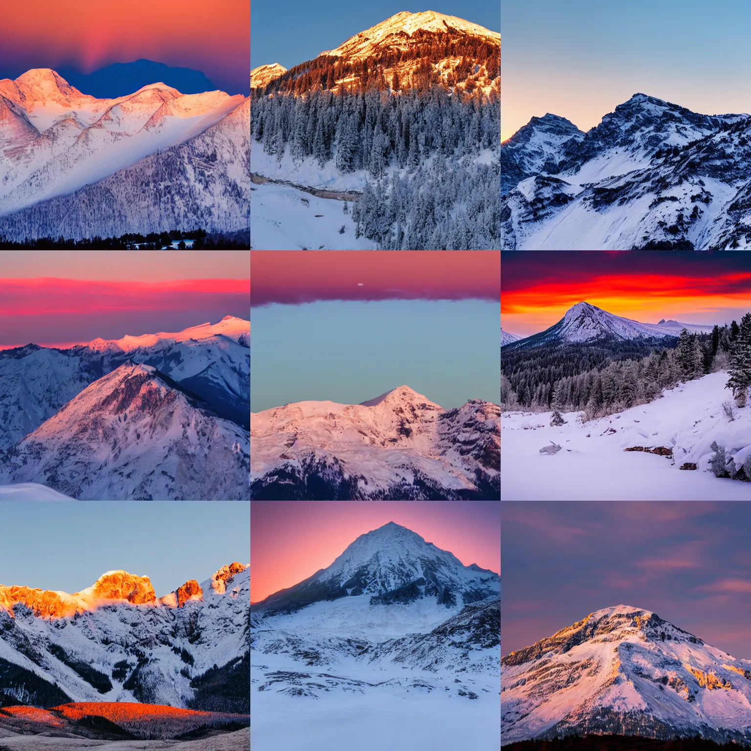 Prompt: photo of a snow topped mountain lit by the sunset