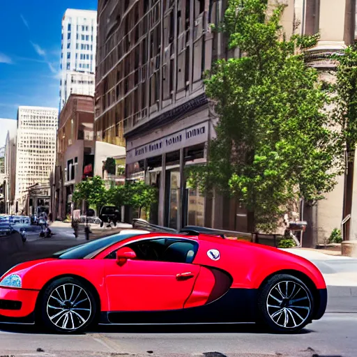 Prompt: photograph of a bugatti veyron on the streets of downtown kansas city missouri, daytime, realistic, 8 k