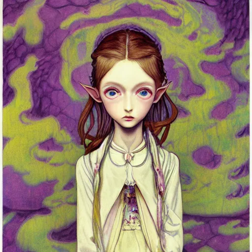 Image similar to little elf girl, grunge outfit, soft hair. light color palate, purple, yellow and white. detailed soft painting, ayami kojima, made in abyss, anatomically correct, inspired in balthus, high detailed face anime, vogue magazine, glorious composition