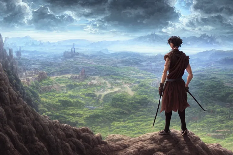 Prompt: an ultra detailed matte landscape painting of an extremely tall and strong young man with short brown hair standing on a cliff overlooking a medieval capital built on top of many hills, italian renaissance architecture, epic anime fantasy, 8 k, volumetric lighting, smooth, highly detailed, digital illustration, art by kentaro miura and akira toriyama and artgerm