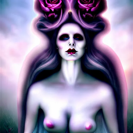 Prompt: goddess of death in a cemetary, white hair, bright, cool colors, digital painting, surrealism, by natalie shau