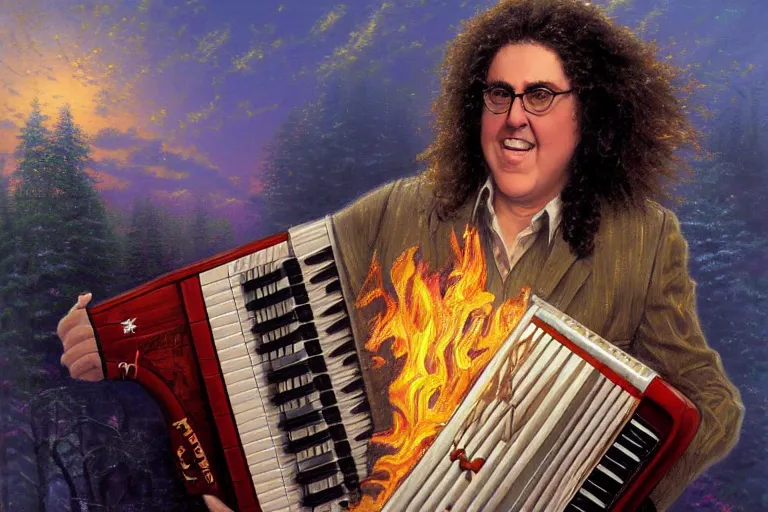 Prompt: thomas kinkade painting of weird al yankovic playing an accordian on fire