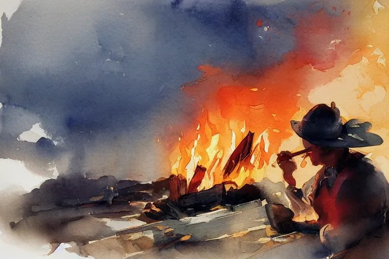 Prompt: small centered on white watercolor paper, paint brush strokes, abstract watercolor painting of scandinavian smoking bonfire, smoke, nightfall sharp light, cinematic light, american romanticism by hans dahl, by jesper ejsing, by anders zorn, by greg rutkowski, by greg manchess, by tyler edlin