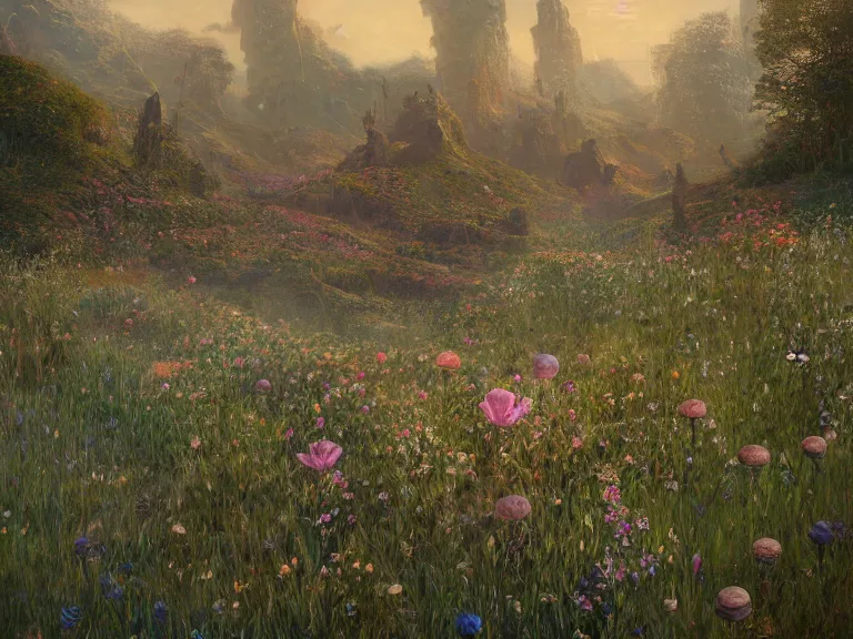 Image similar to the wasteland filled with giant flowers and mushrooms, au naturel, hyper detailed, digital art, trending in artstation, cinematic lighting, studio quality, smooth render, unreal engine 5 rendered, octane rendered, art style by klimt and nixeu and ian sprigger and wlop and krenz cushart